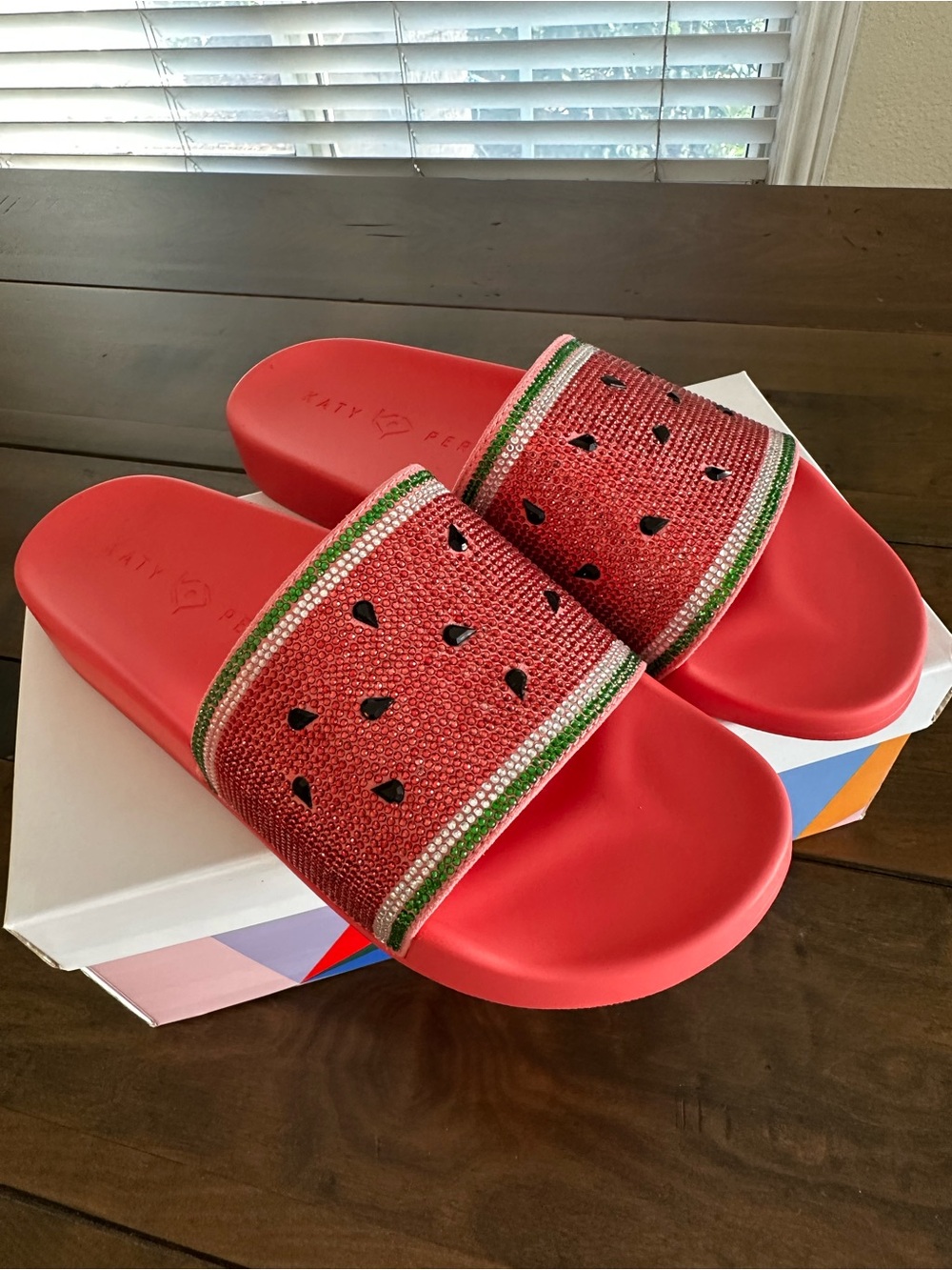 Katy Perry Collections Red Watermelon Slide Sandals with Green Trim